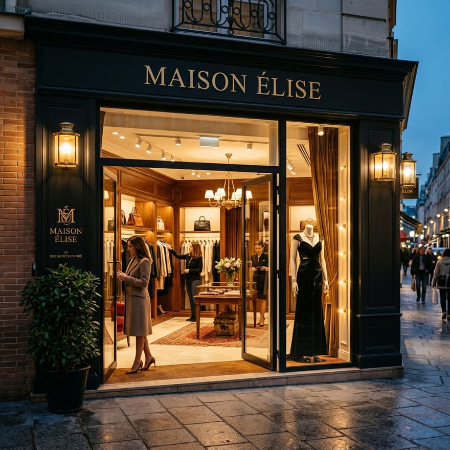 Devanture de boutique de mode haut de gamme éclairée d'une lumière chaude