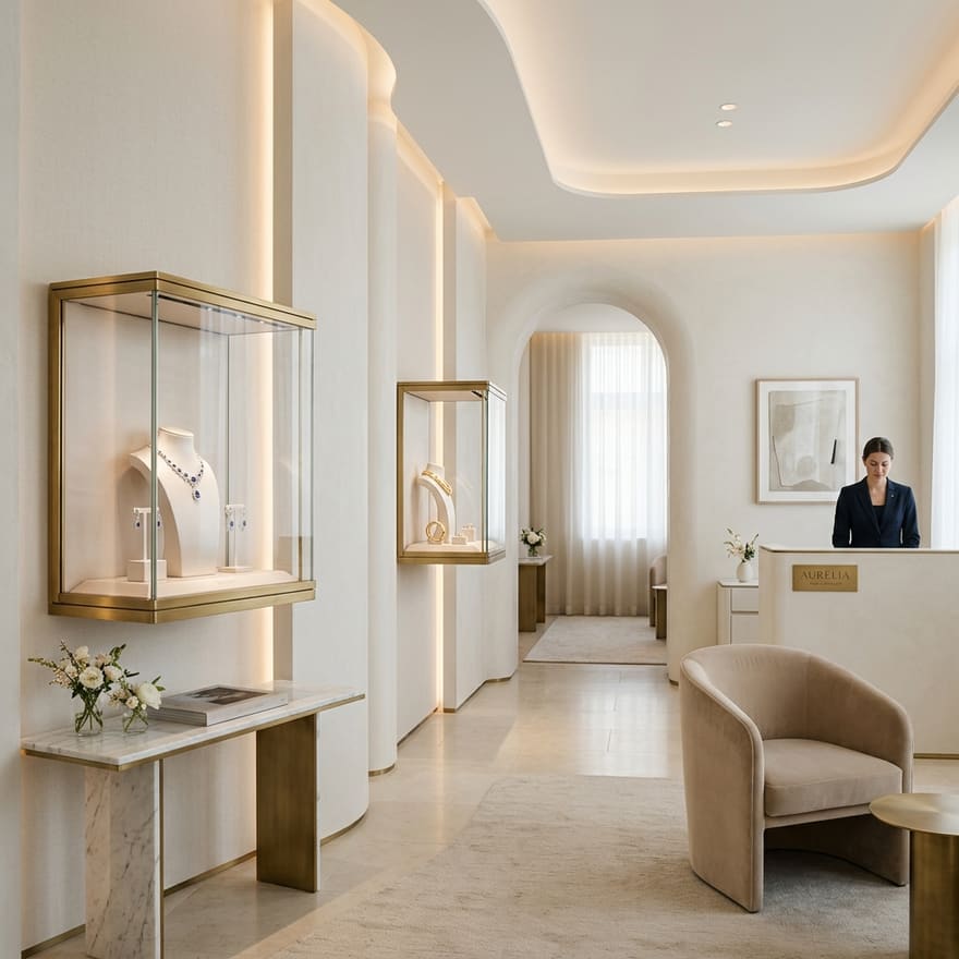 Intérieur de haute joaillerie parisienne, interface épurée mêlant héritage et modernité